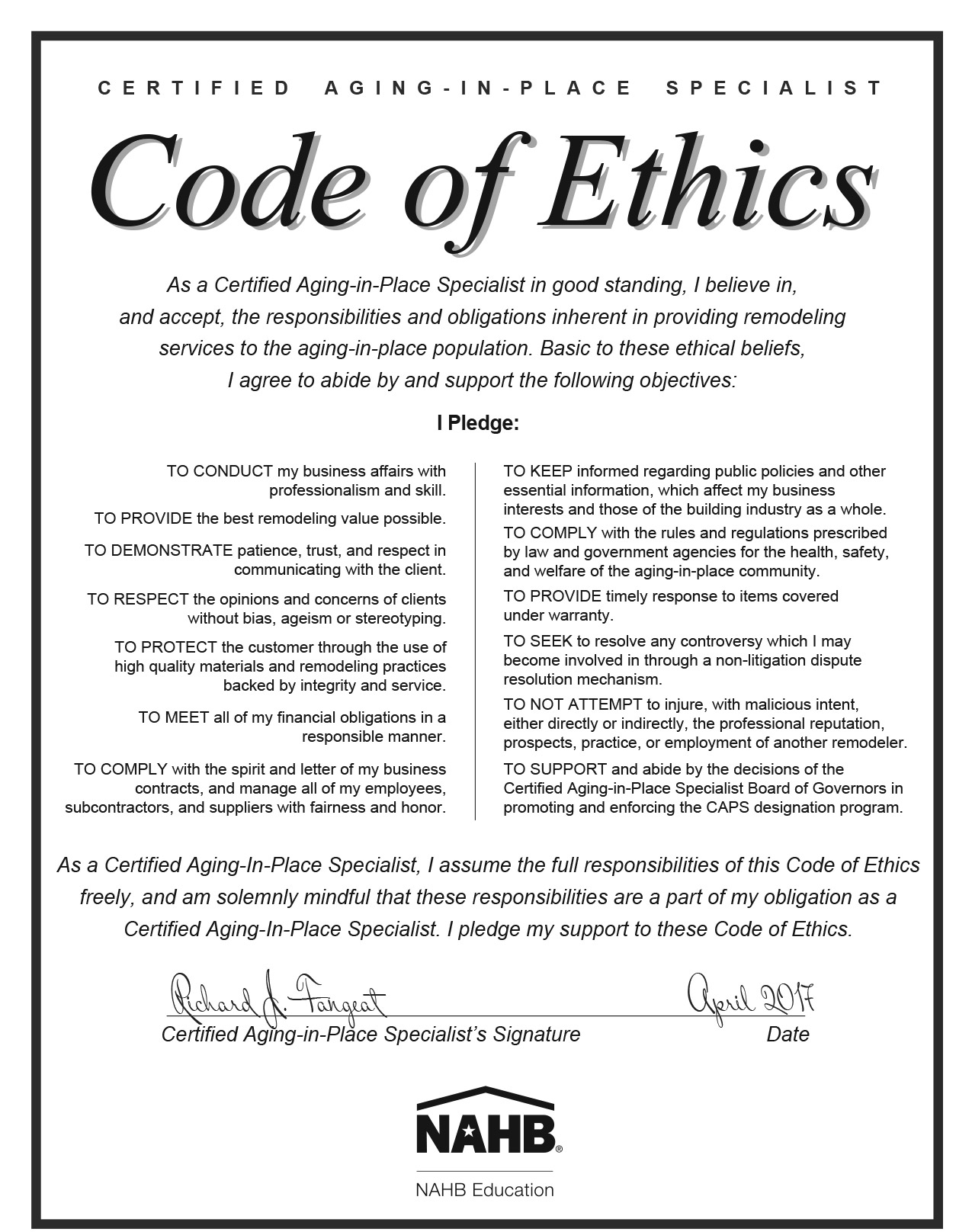 Code of Ethics pledge
